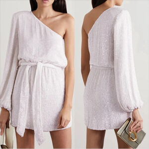 RETROFÊTE Bridgette one-shoulder velvet-trimmed sequined chiffon mini dress SZ S